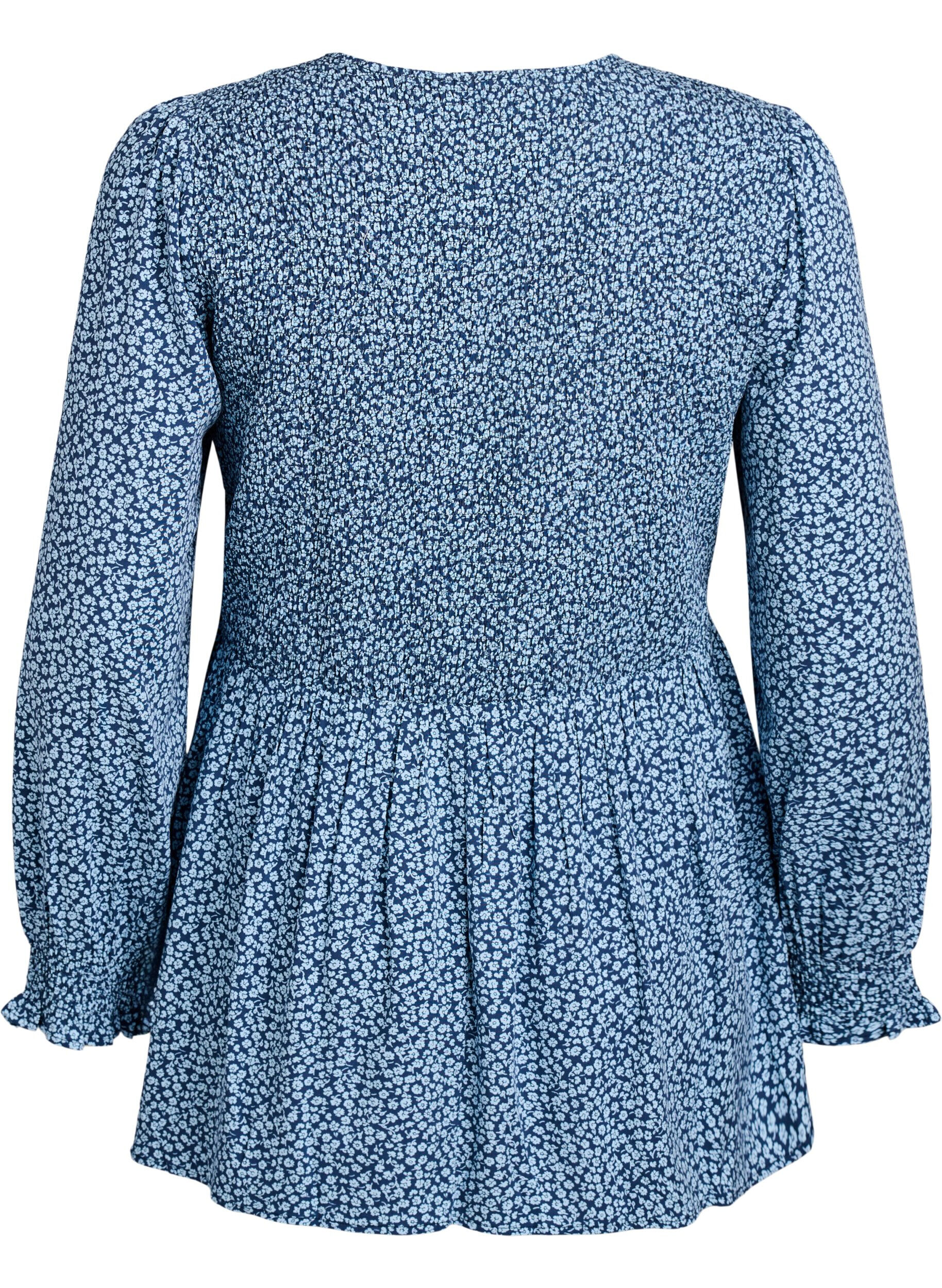 Zizzi Blouse avec haut smock&eacute; et imprim&eacute; fleuri, Bleu, Packshot image number 1