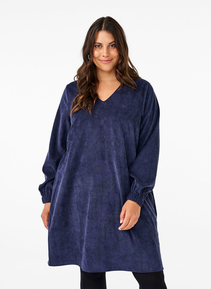 Robe courte en velours avec poches, Medieval Blue, Model image number 0
