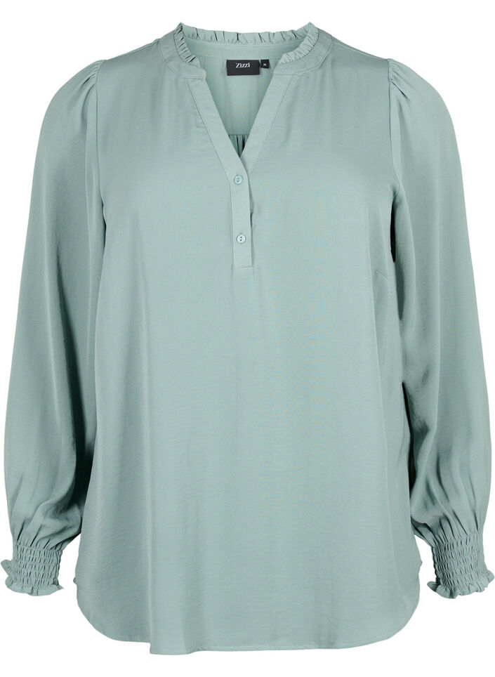 Blouse avec smocks et décolleté en V, Chinois Green, Packshot image number 0
