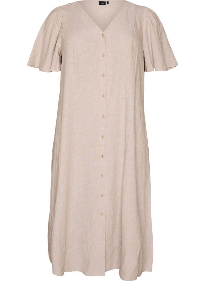 Robe midi en lin et viscose avec manches &agrave; volants, Beige, Packshot image number 0