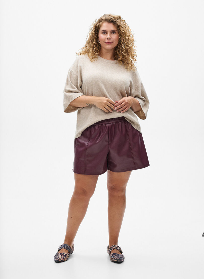 Chemisier tricot&eacute; ample &agrave; manches courtes, Beige, Model image number 1