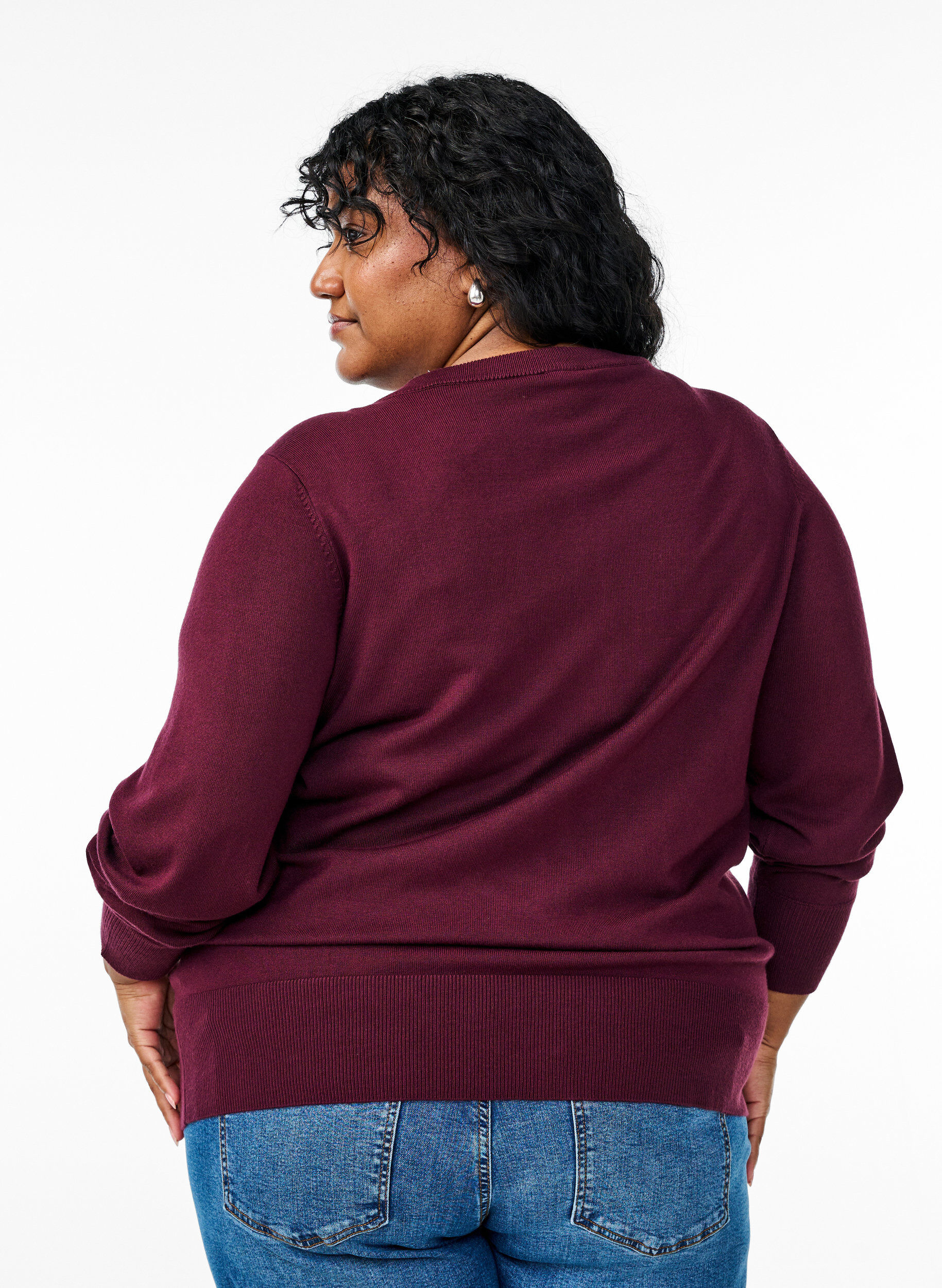 Zizzi Cardigan en tricot avec col rond et boutons, Bordeaux, Model image number 2