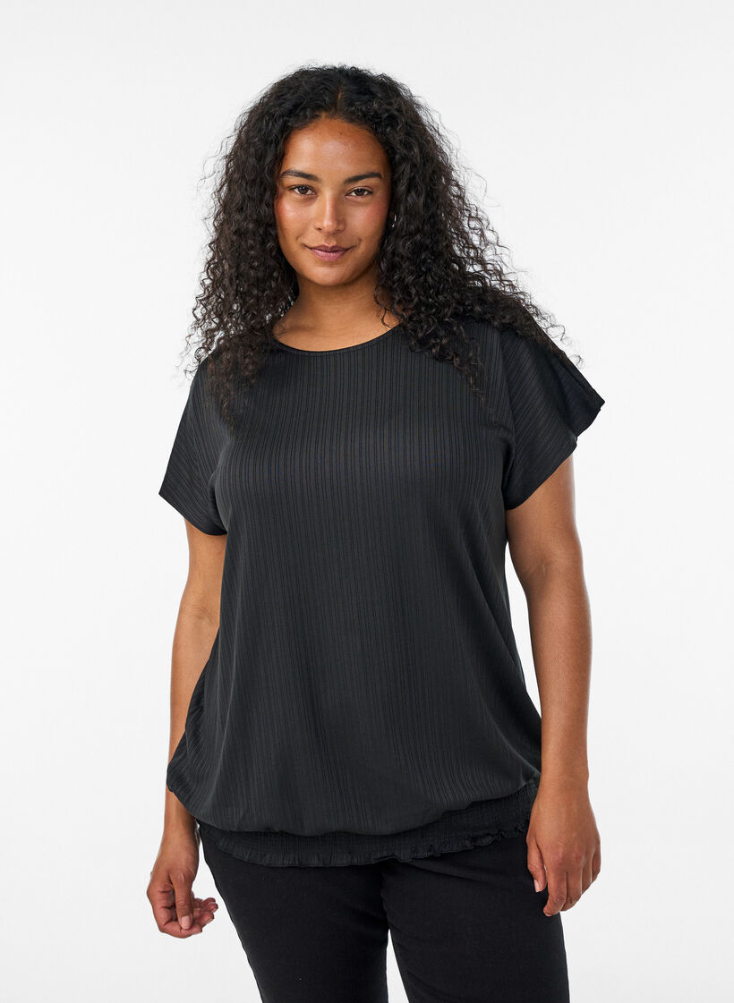 Blouse en jersey avec rayures textur&eacute;es et ourlet smock&eacute;, Noir, Model image number 0