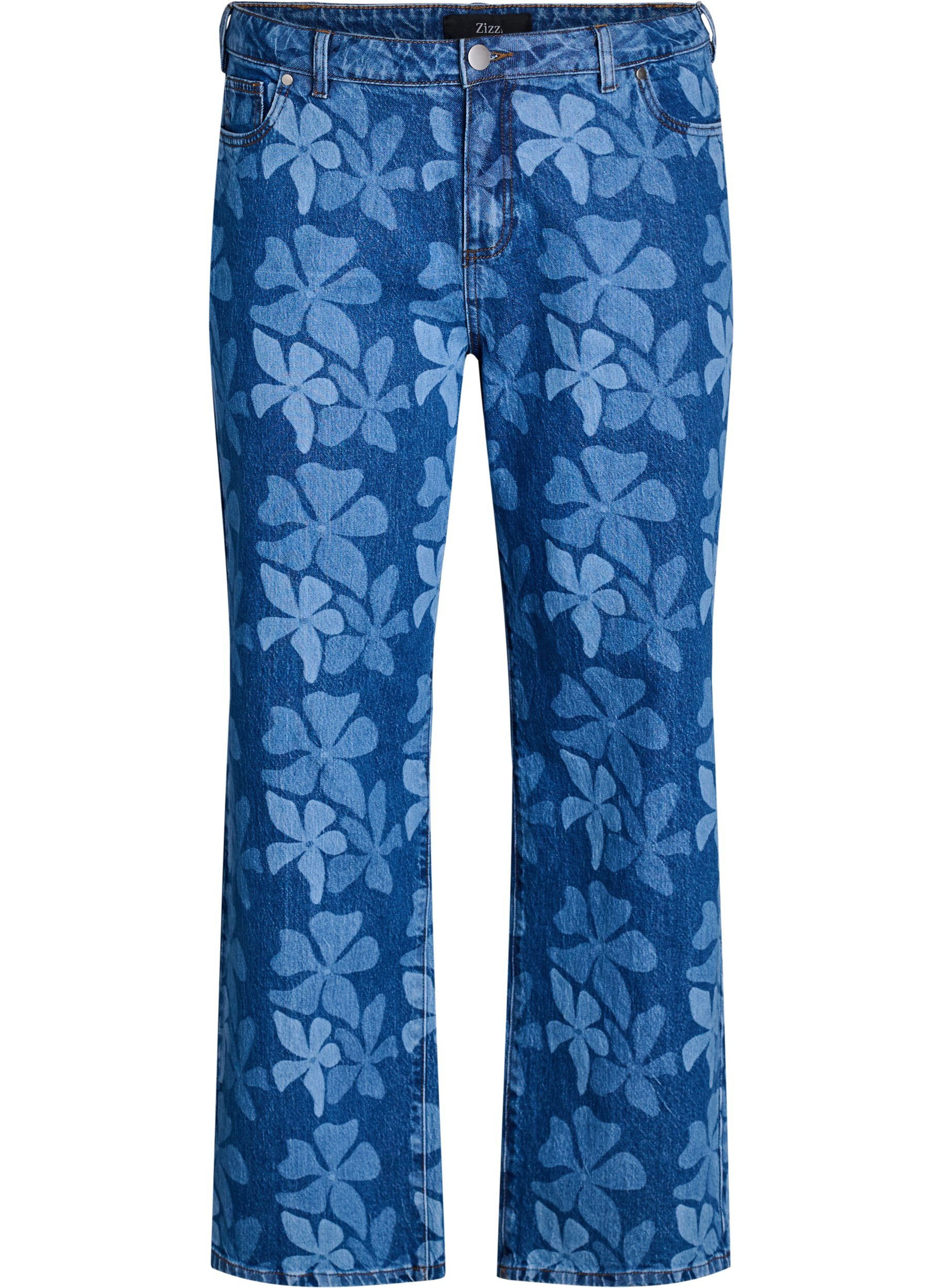 Zizzi Jean Myra coupe large en denim &agrave; fleurs, Bleu, Packshot image number 0