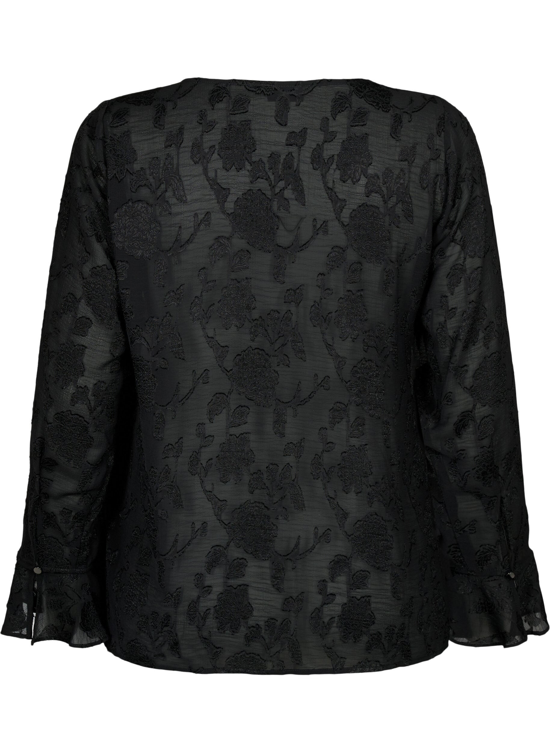 Zizzi Chemise &agrave; manches longues avec look jacquard, Black, Packshot image number 1