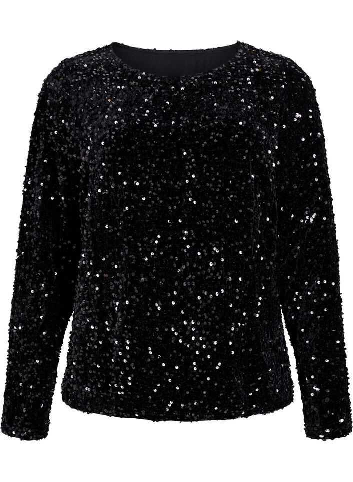 Blouse à sequins à manches longues, Noir, Packshot image number 0