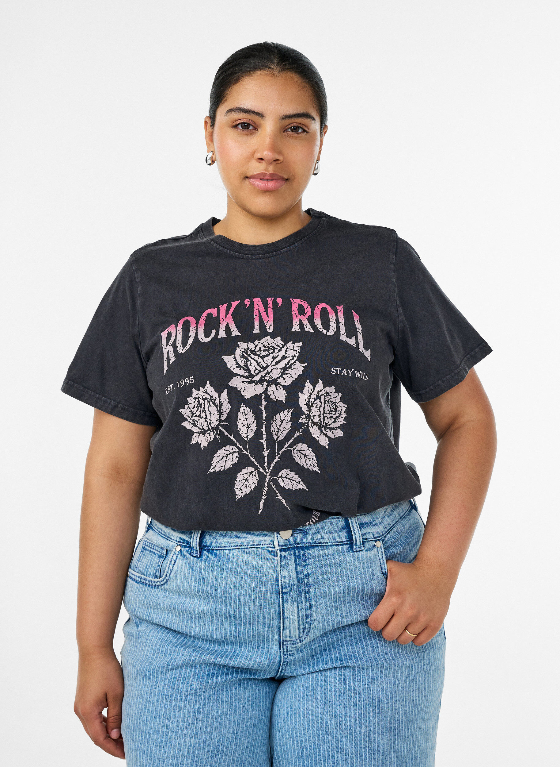 ZizziT-shirt en coton bio avec imprim&eacute; rock, Noir, Model image number 0