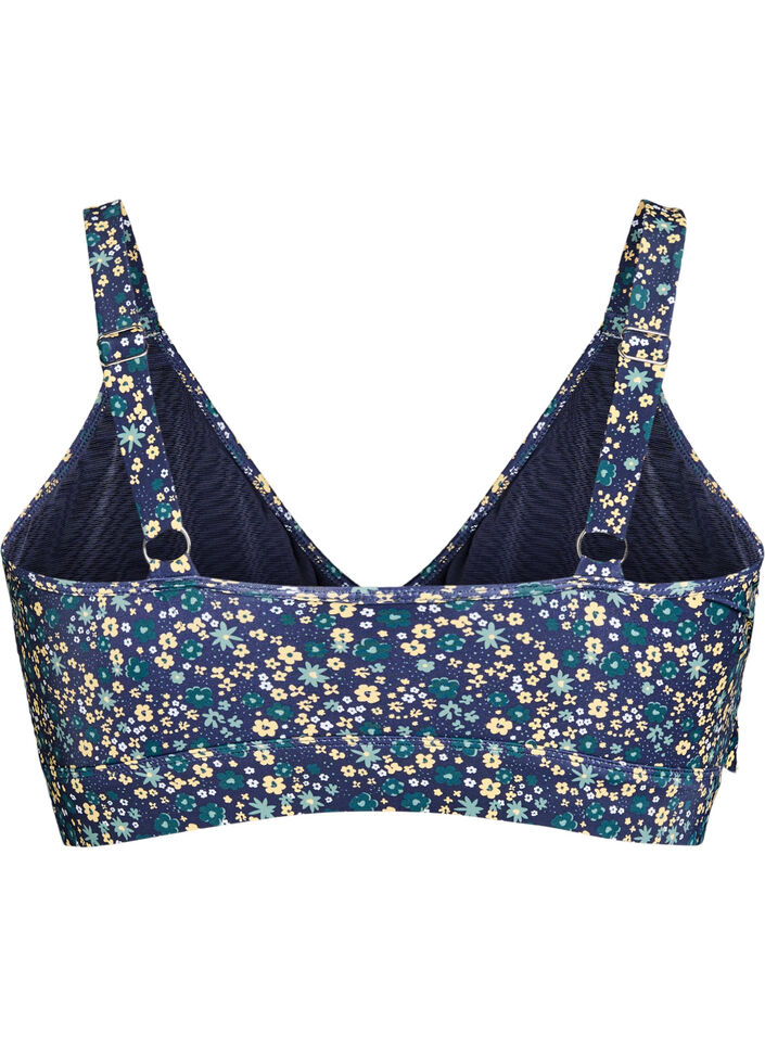 Haut de bikini à fleurs et à détails de jabot, Bleu pétrole, Packshot image number 1