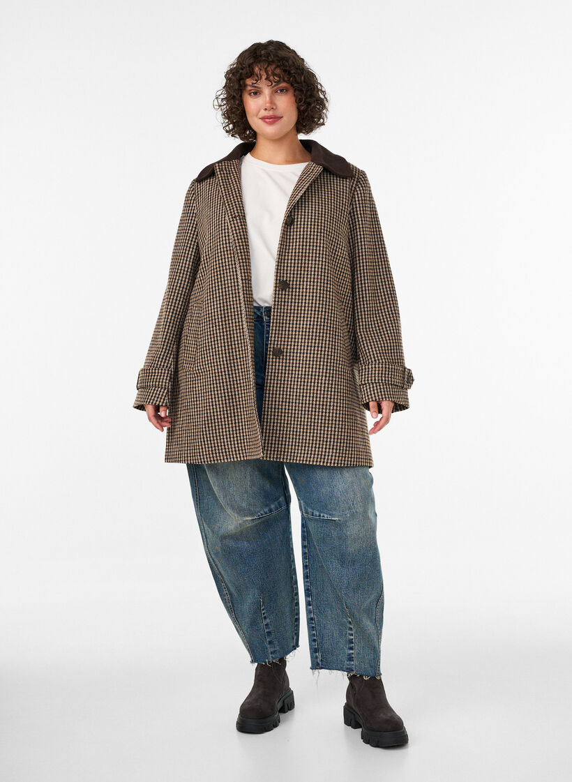Manteau &agrave; carreaux avec col en velours c&ocirc;tel&eacute;, Marron, Model image number 1