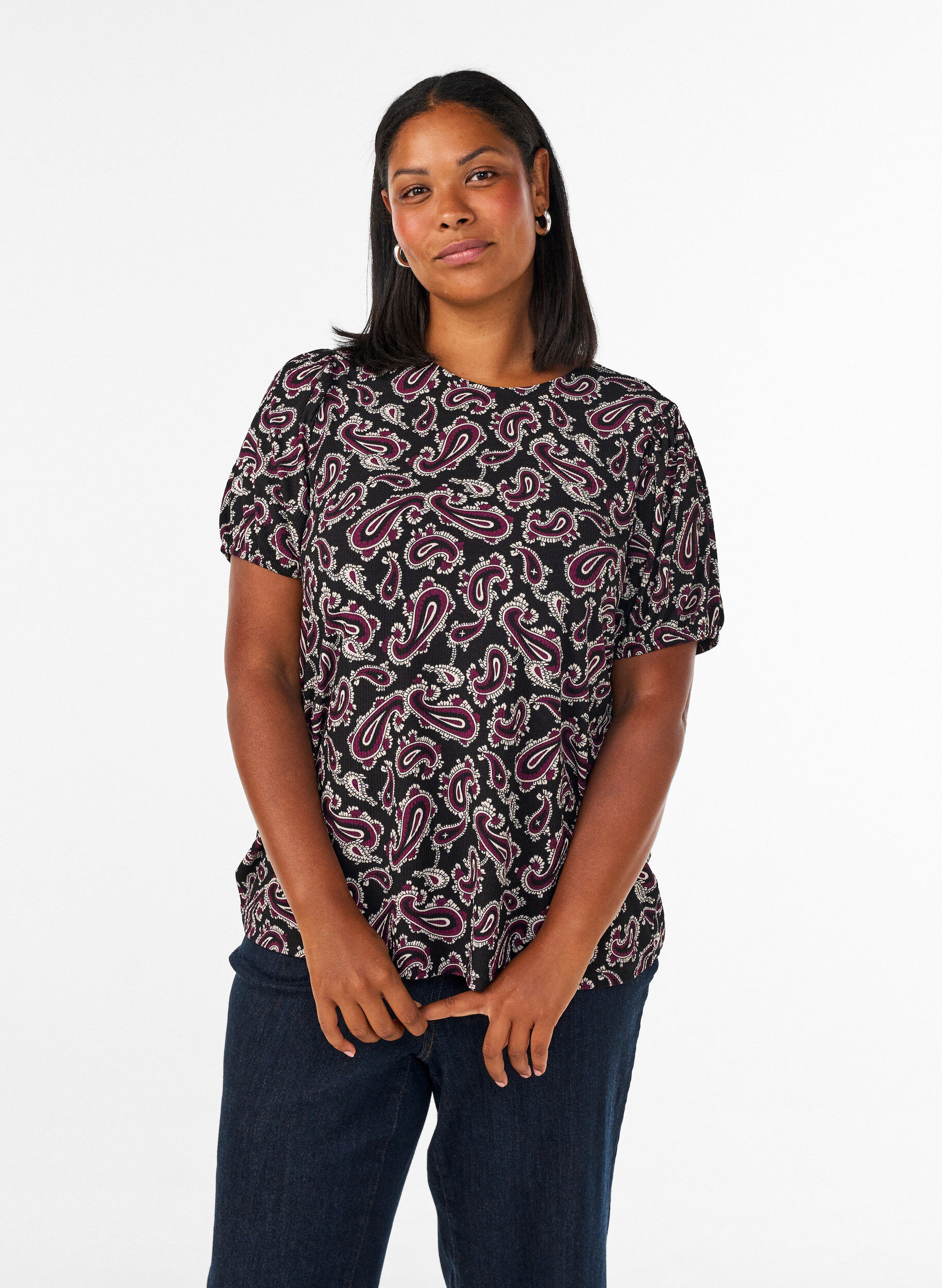 Blouse imprim&eacute; cachemire &agrave; manches longues, Bordeaux fonc&eacute;, Model