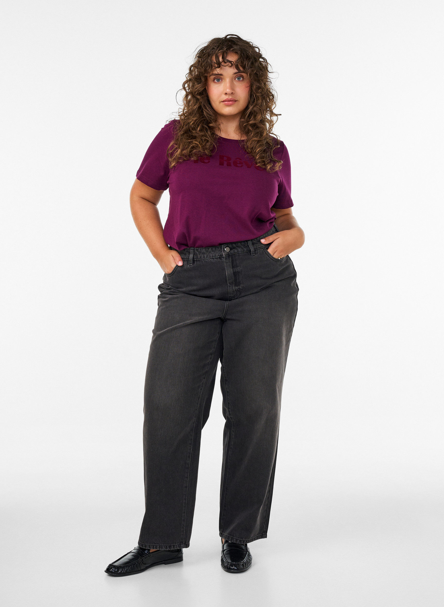 ZizziT-shirt en coton bio avec inscription en velours, Violet, Model image number 1