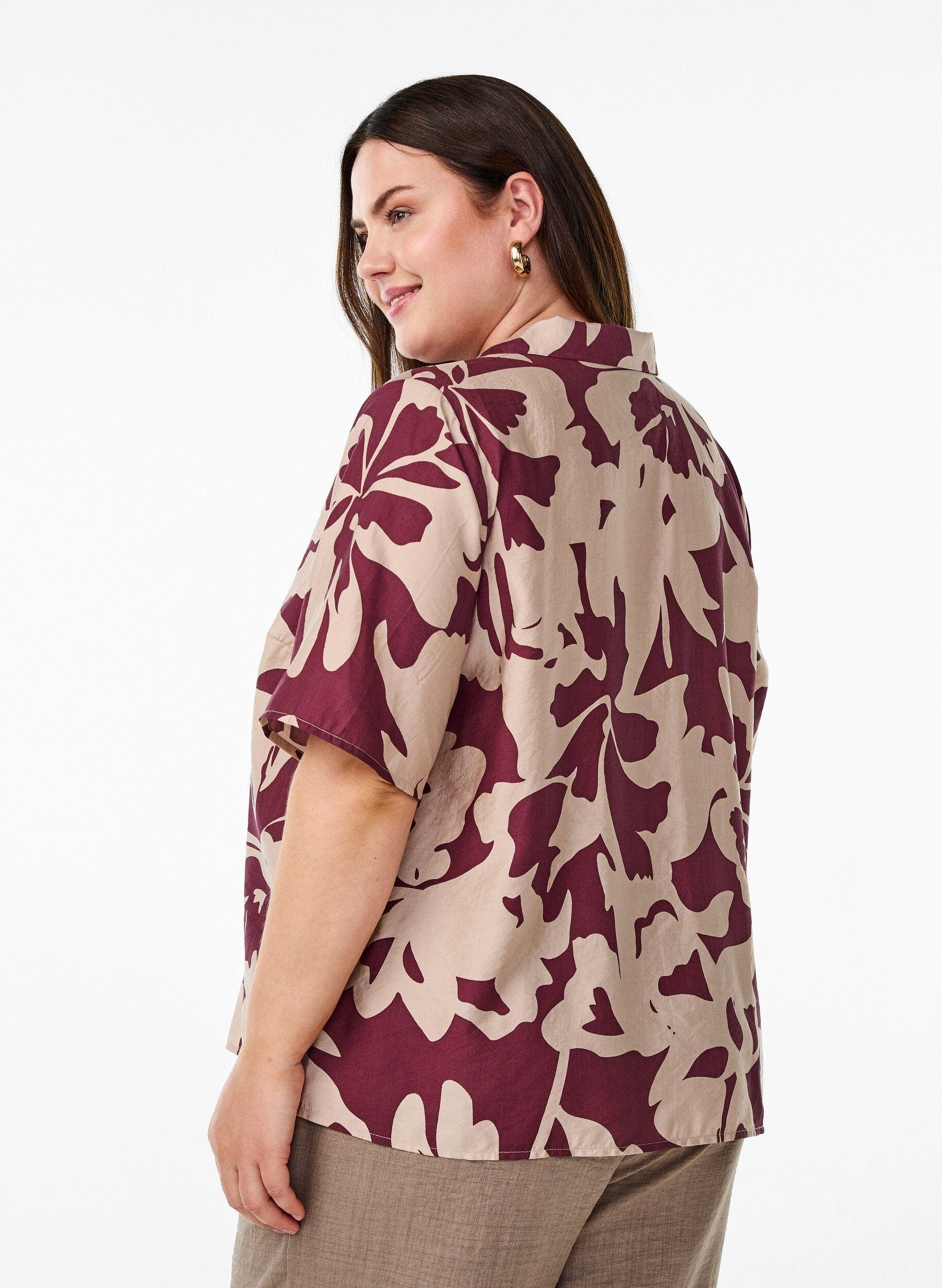 Zizzi Chemisier imprim&eacute; &agrave; col en V, Bordeaux, Model image number 2