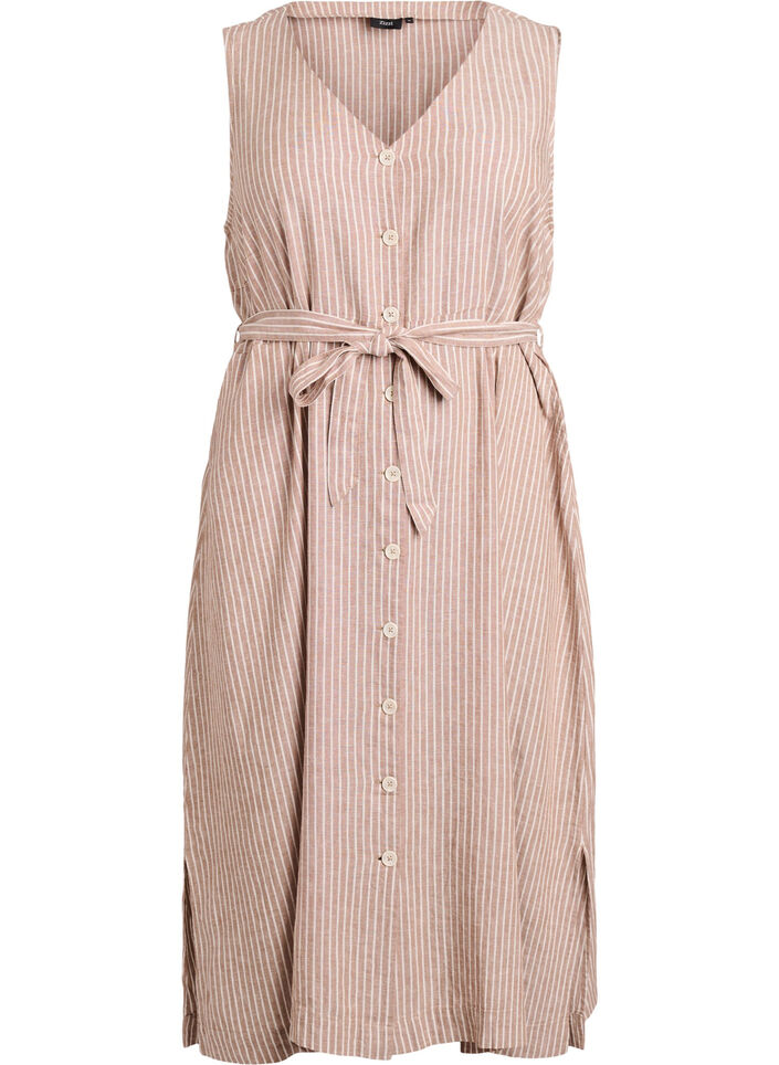 Robe midi sans manches &agrave; rayures en lin et viscose, Beige, Packshot image number 0