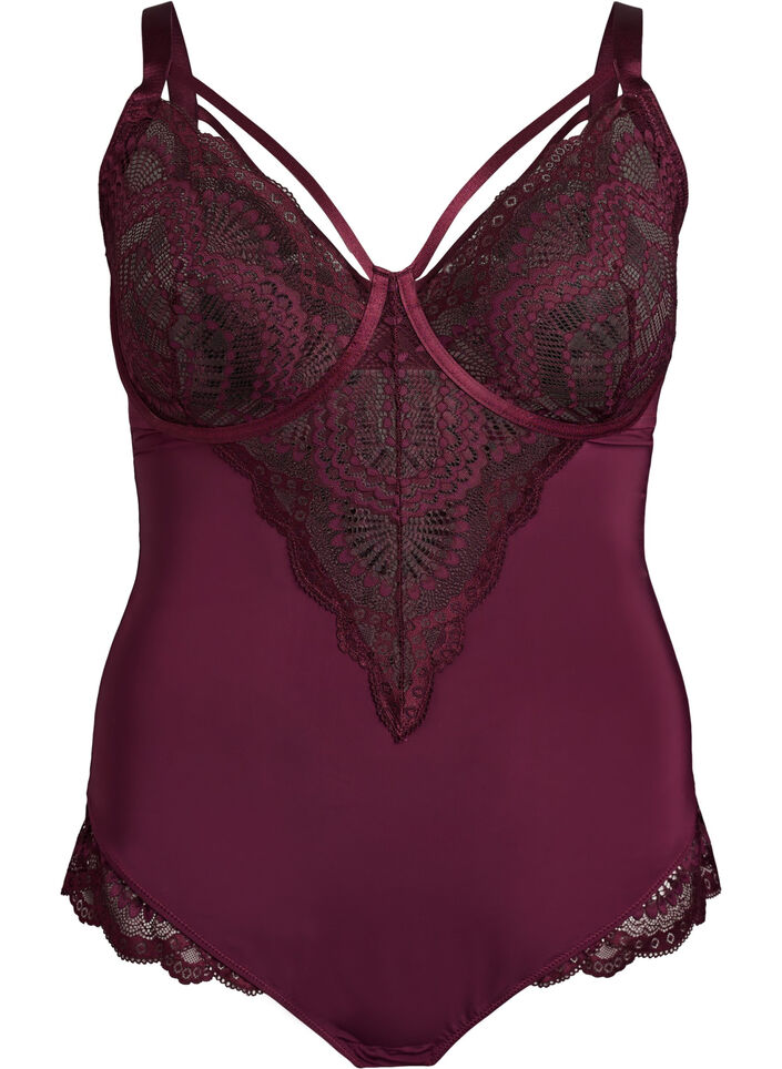 Body en dentelle &agrave; armatures avec jeu de lani&egrave;res, Bordeaux, Packshot image number 0