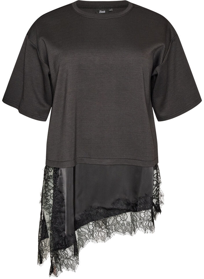 Blouse en jersey avec effet superpos&eacute; et dentelle, Noir, Packshot image number 0