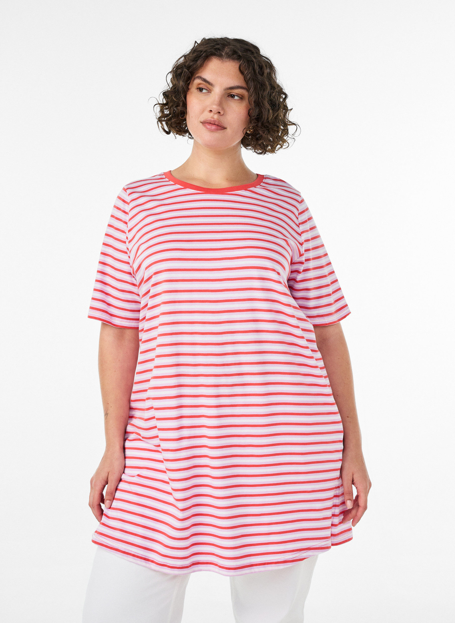 ZizziT-shirt long oversize ray&eacute; en coton bio, Violet, Model image number 0