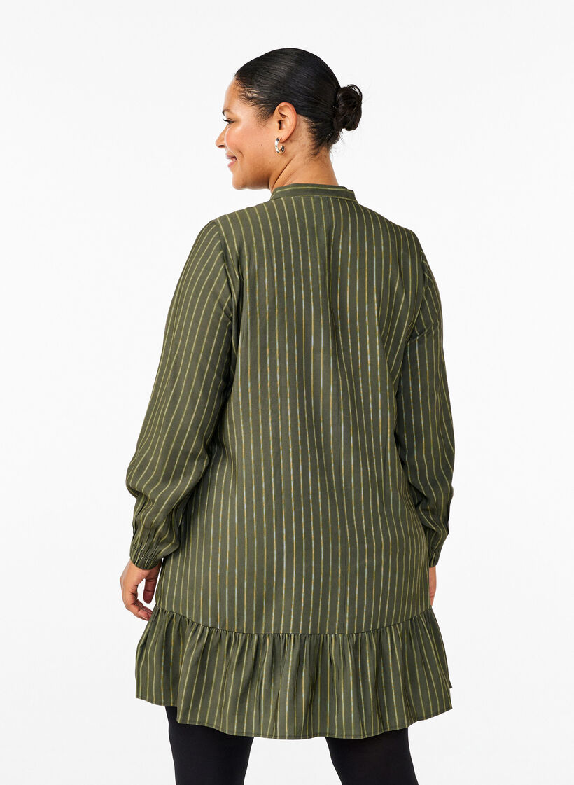 Robe courte à rayures et jabot, Thyme Stripe AOP, Model image number 1