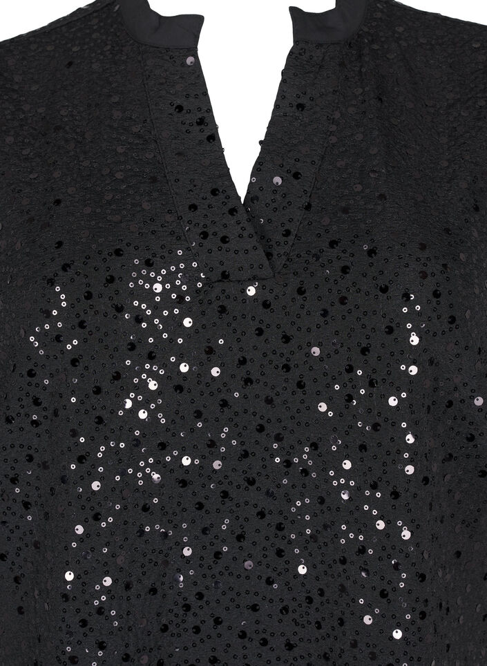 Robe à paillettes avec col en V et manches 3/4, Black w. Bl. Sequins, Packshot image number 2