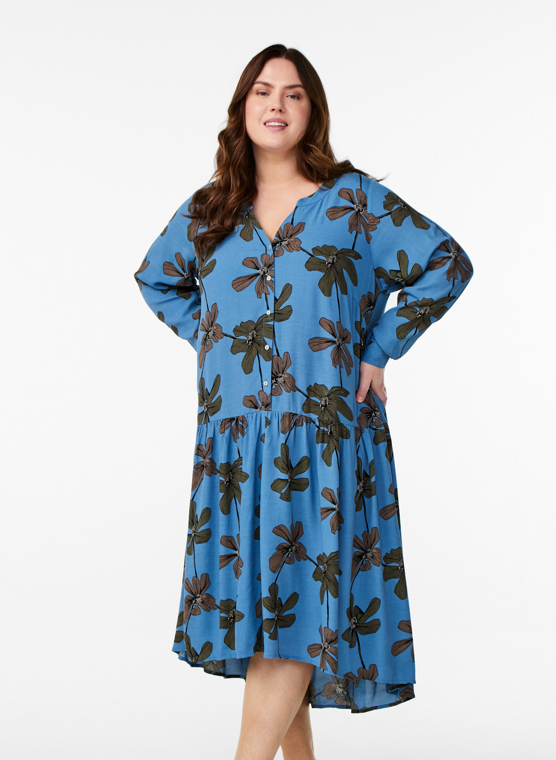 Zizzi Robe midi &agrave; manches longues en viscose imprim&eacute;e, Bleu, Model image number 0