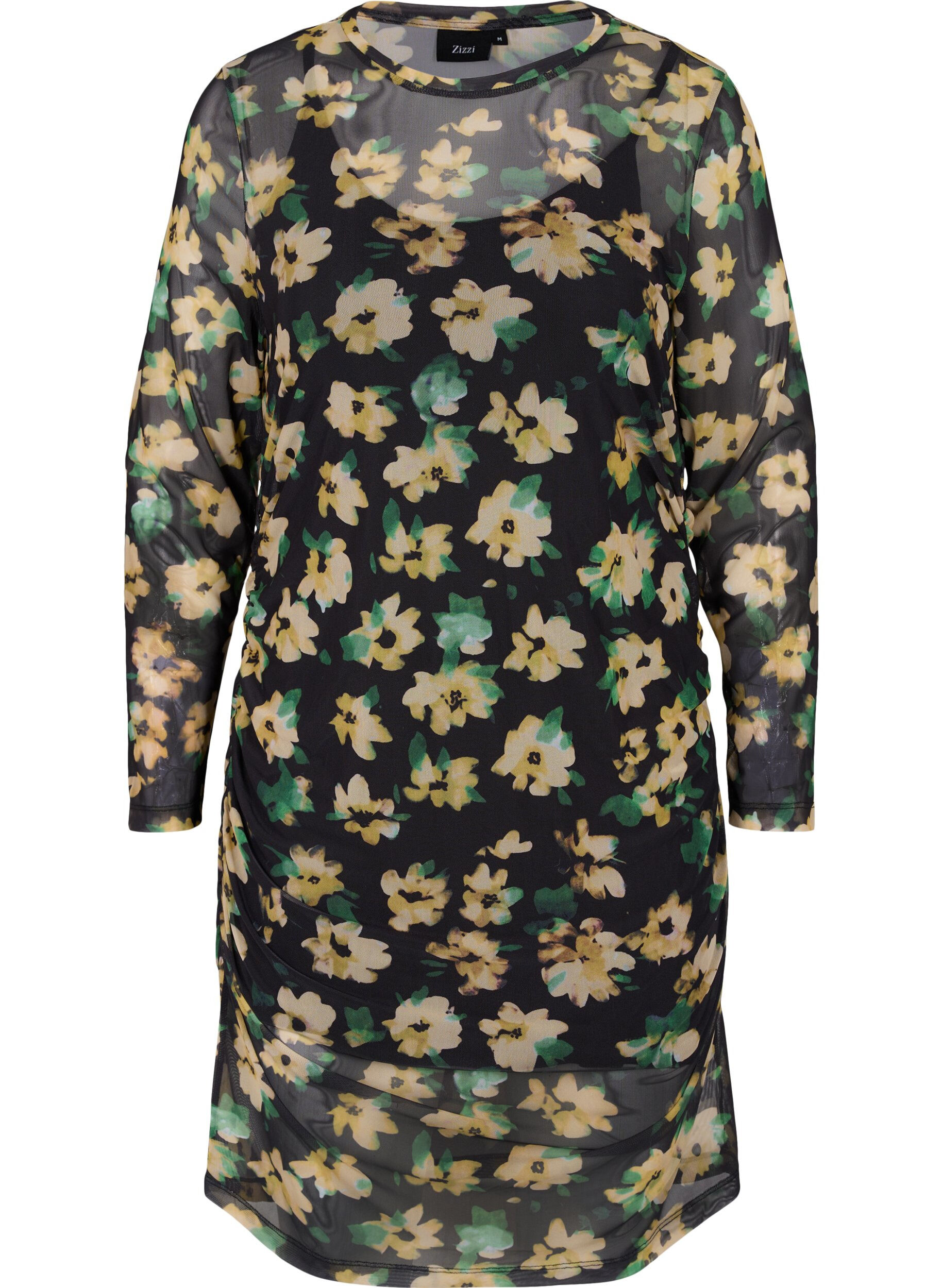 Zizzi Robe en maille mesh ajust&eacute;e avec manches 3/4, Yellow Green AOP, Packshot image number 0