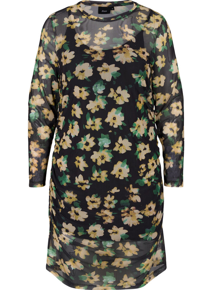 Robe en maille mesh ajust&eacute;e avec manches 3/4, Yellow Green AOP, Packshot image number 0