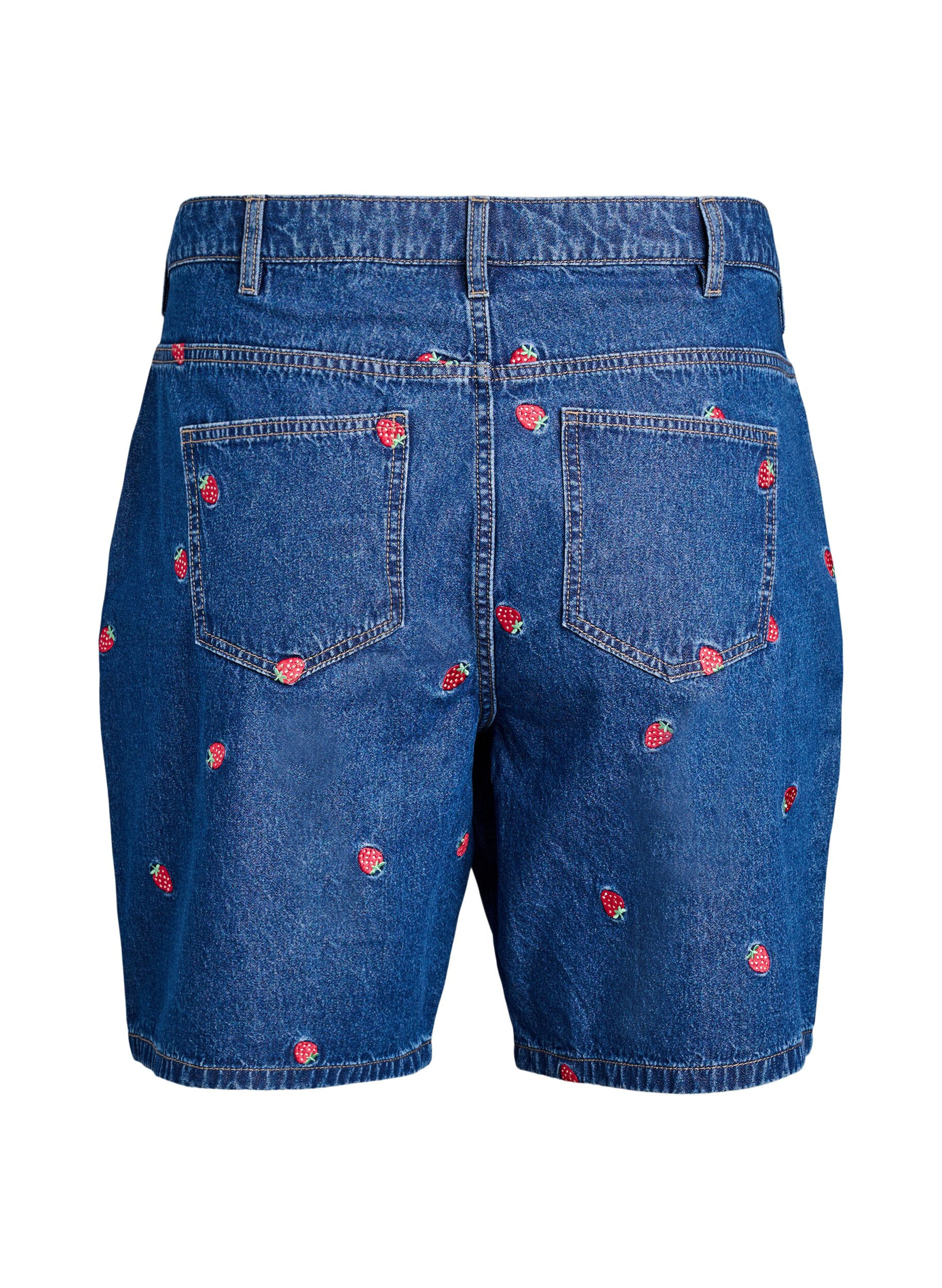 Zizzi Shorts en jean avec fraises brod&eacute;es, Bleu, Packshot image number 1