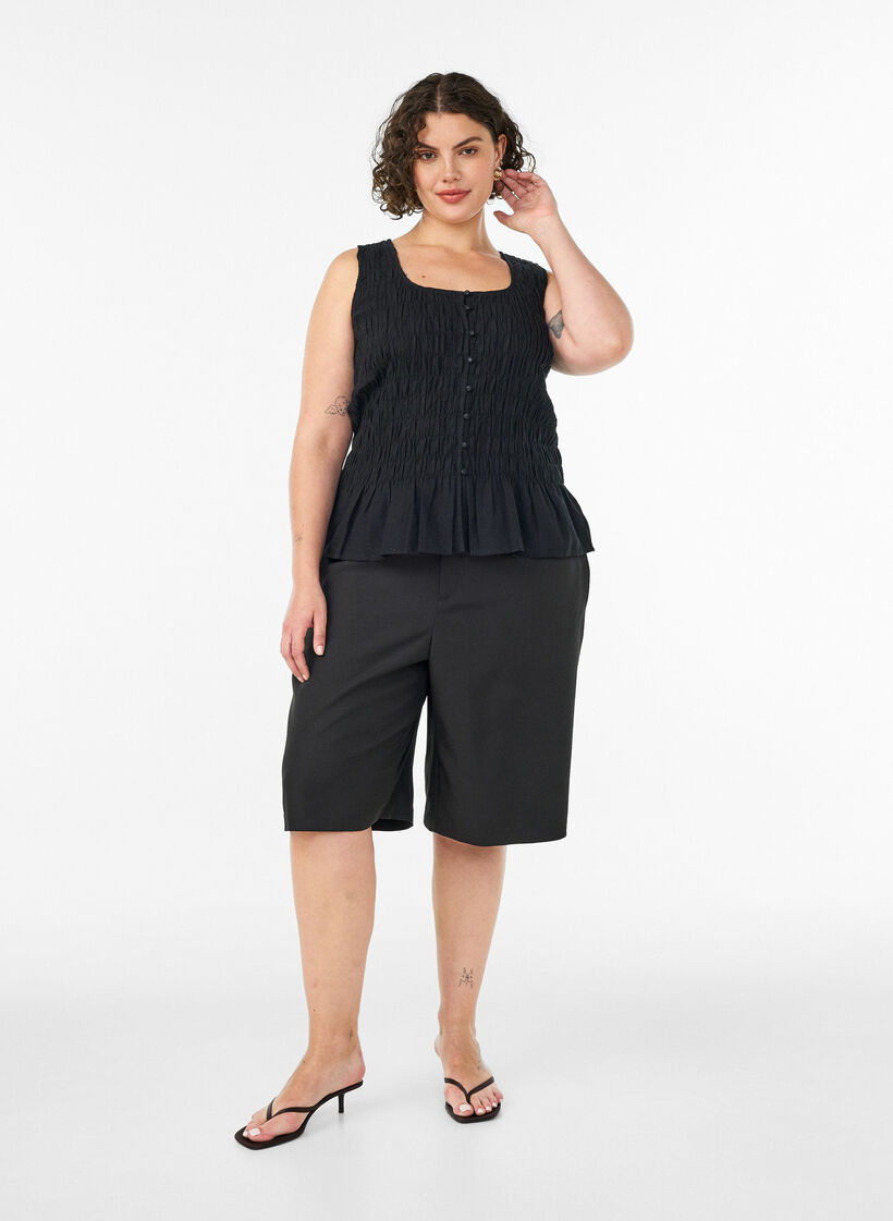 Top sans manches en coton et lin avec smocks, Noir, Model image number 1