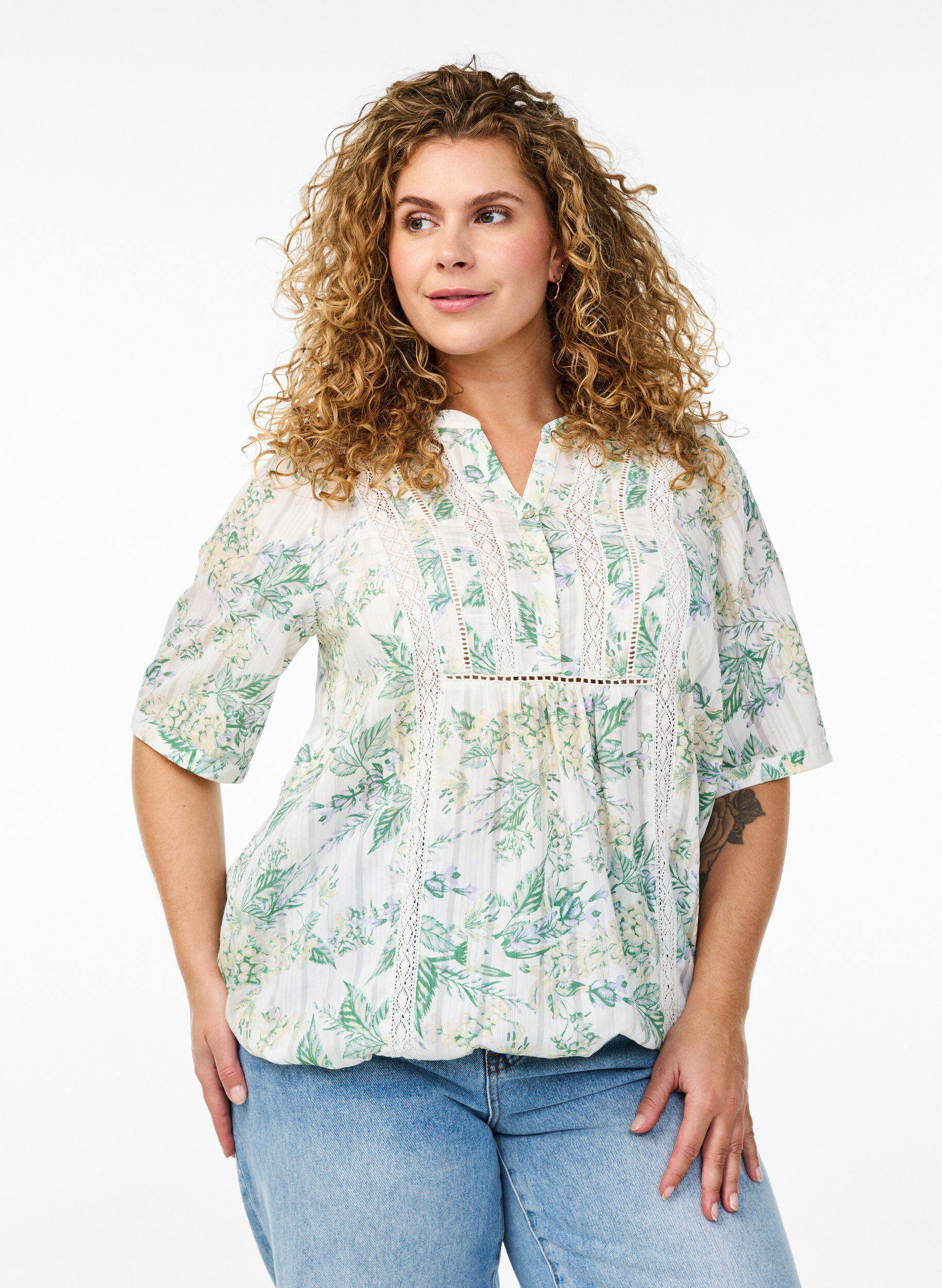 ZizziBlouse imprim&eacute;e &agrave; manches 1/2, Blanc, Model image number 0