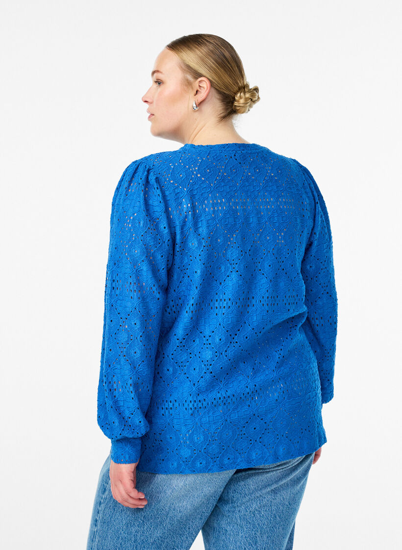 Blouse à manches longues avec broderie ajourée, Bleu, Model image number 2