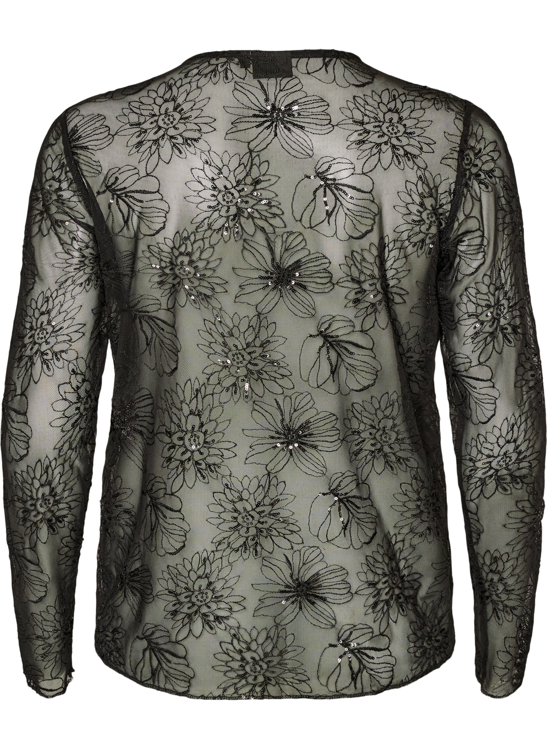 ZizziBlouse en mesh avec fleurs et sequins, Noir, Packshot image number 1