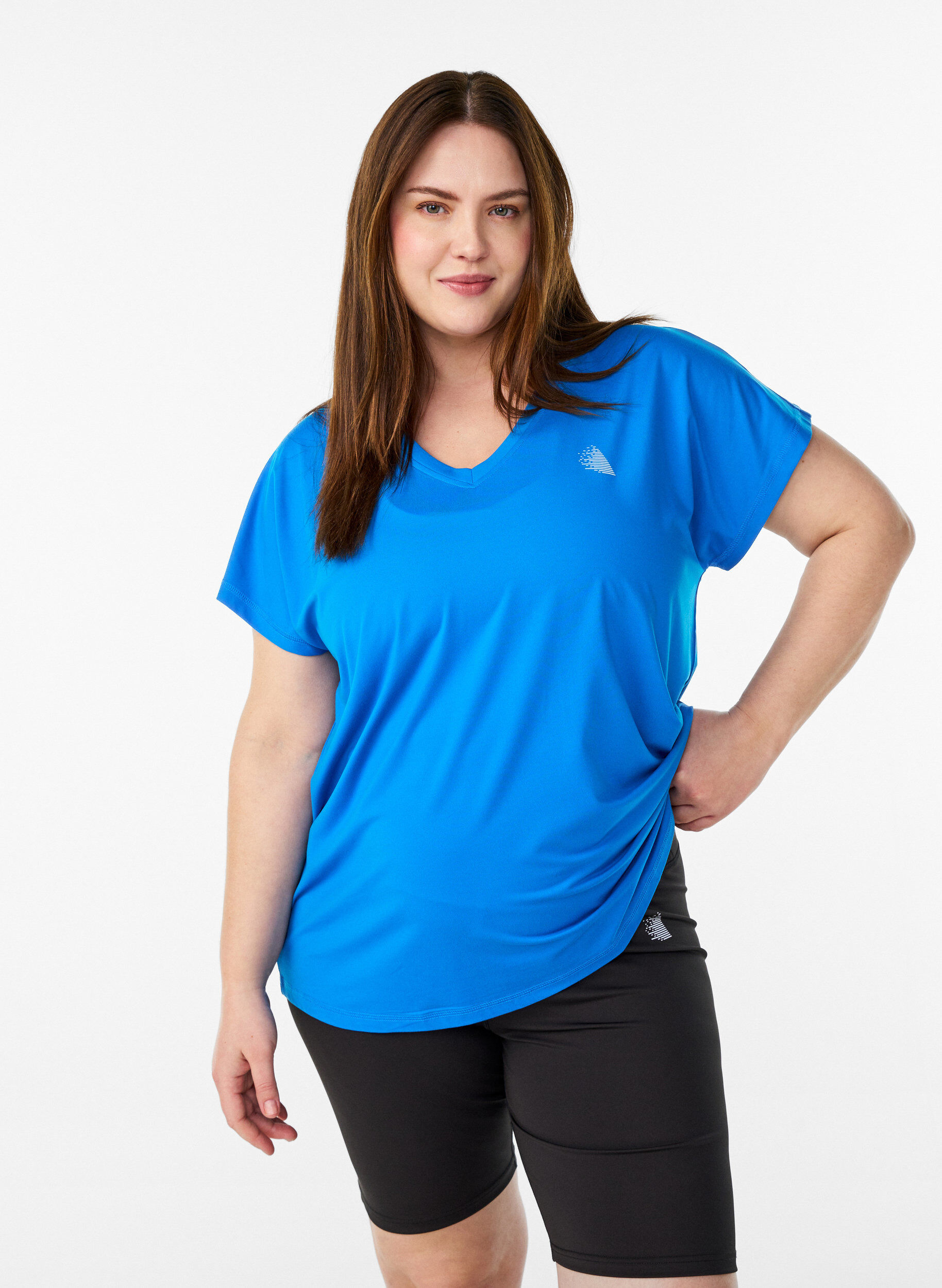 Zizzi T-shirt ample de sport &agrave; col en V, Bleu, Model image number 0