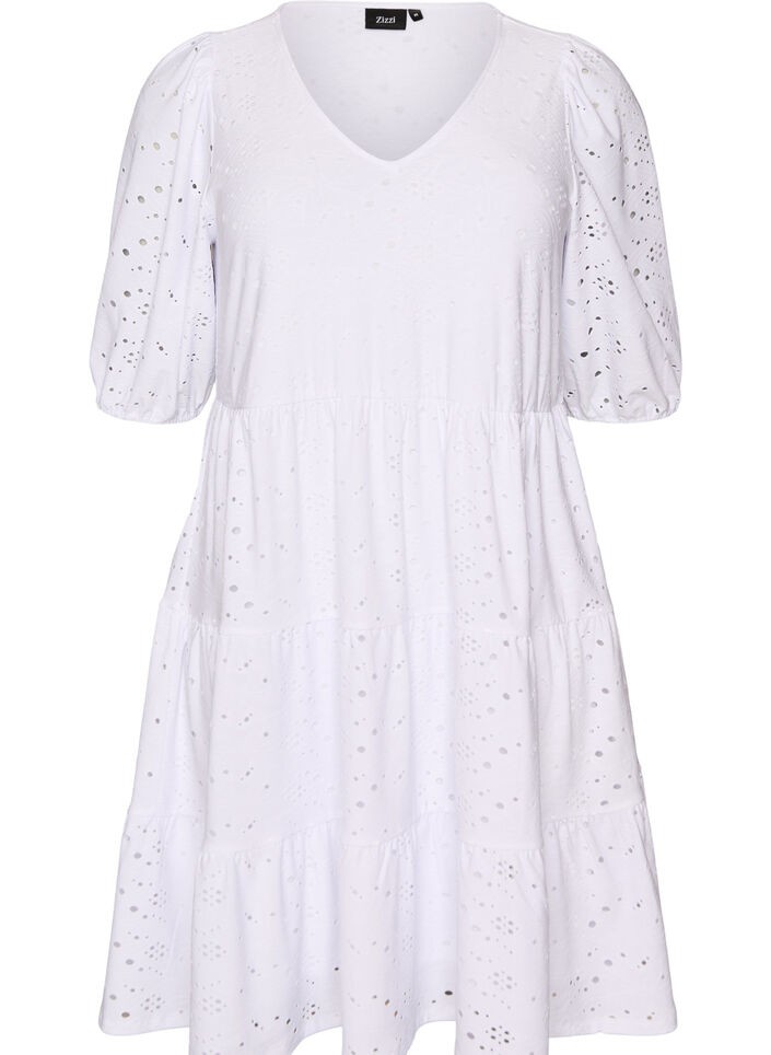 Robe en broderie anglaise avec col en V et manches mi-longues, Blanc, Packshot image number 0