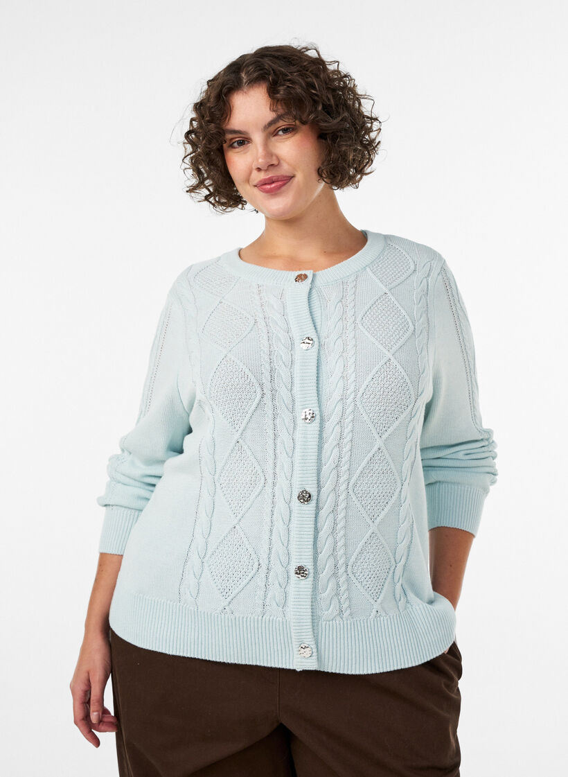 Cardigan en maille torsad&eacute;e avec boutons d&eacute;coratifs, Bleu Clair, Model image number 0
