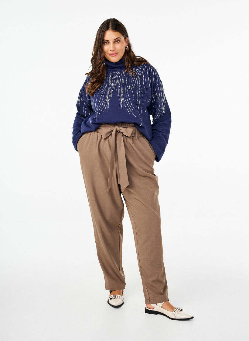 Pantalon taille haute à volants et ceinture à nouer, Walnut Melange, Model image number 0
