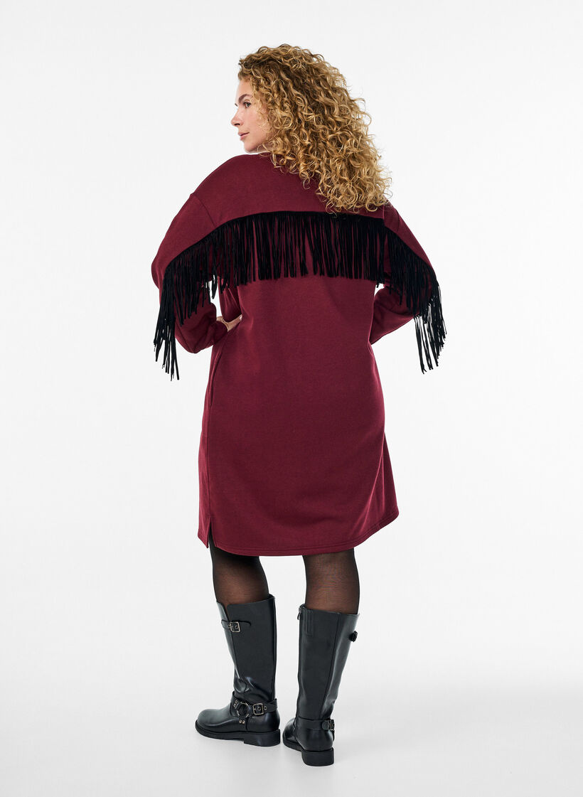 Robe sweat mi-longue avec franges, Bordeaux foncé, Model image number 2