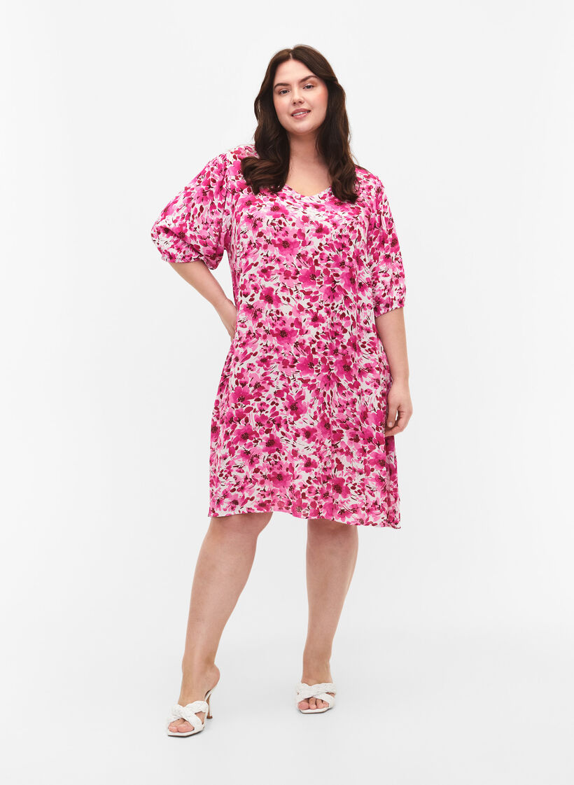 Robe en viscose à fleurs avec forme en A, Pink Flower Rain, Model image number 2