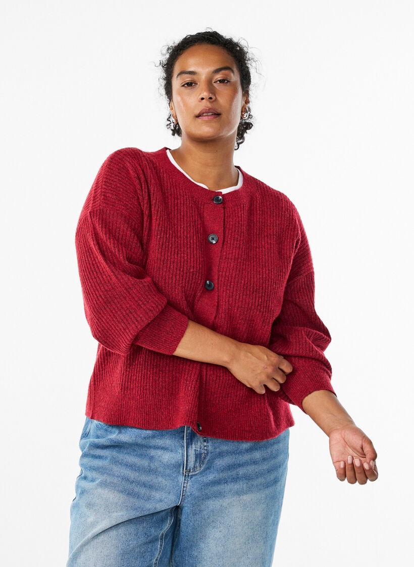 Cardigan en tricot côtelé avec boutons, Rouge, Model image number 0
