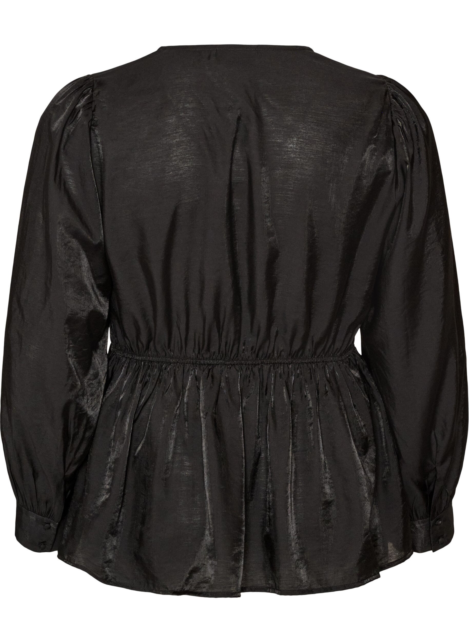 ZizziBlouse brillante en viscose &agrave; effet p&eacute;plum, Noir, Packshot image number 1