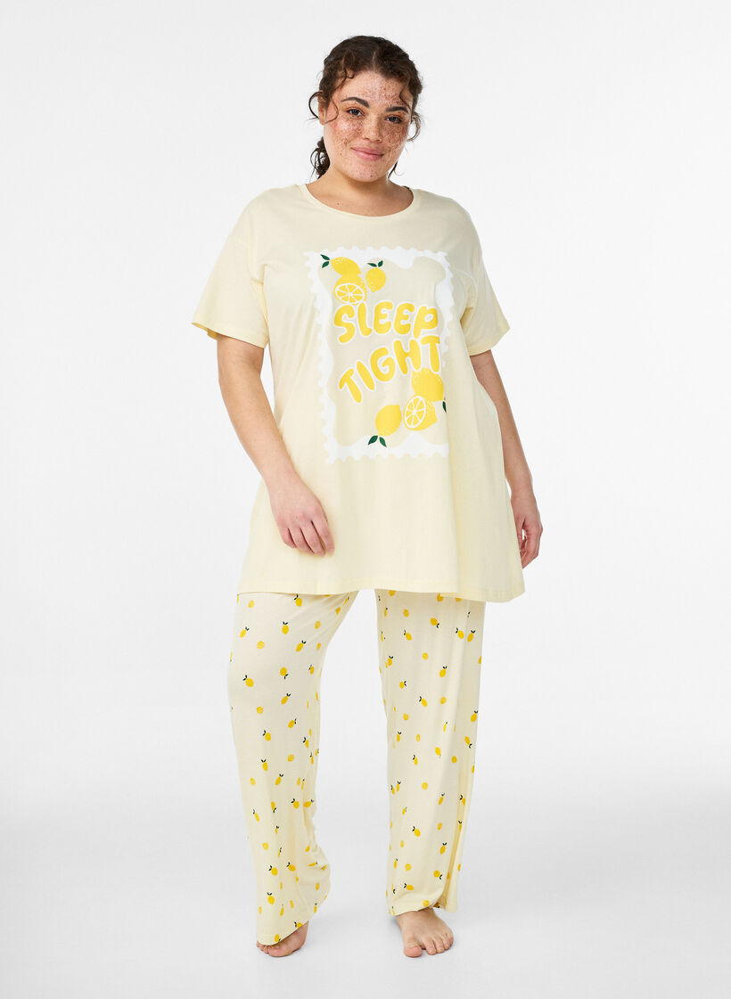 Pantalon de pyjama en jersey doux avec taille haute et imprim&eacute; fruits, Jaune clair, Model image number 0