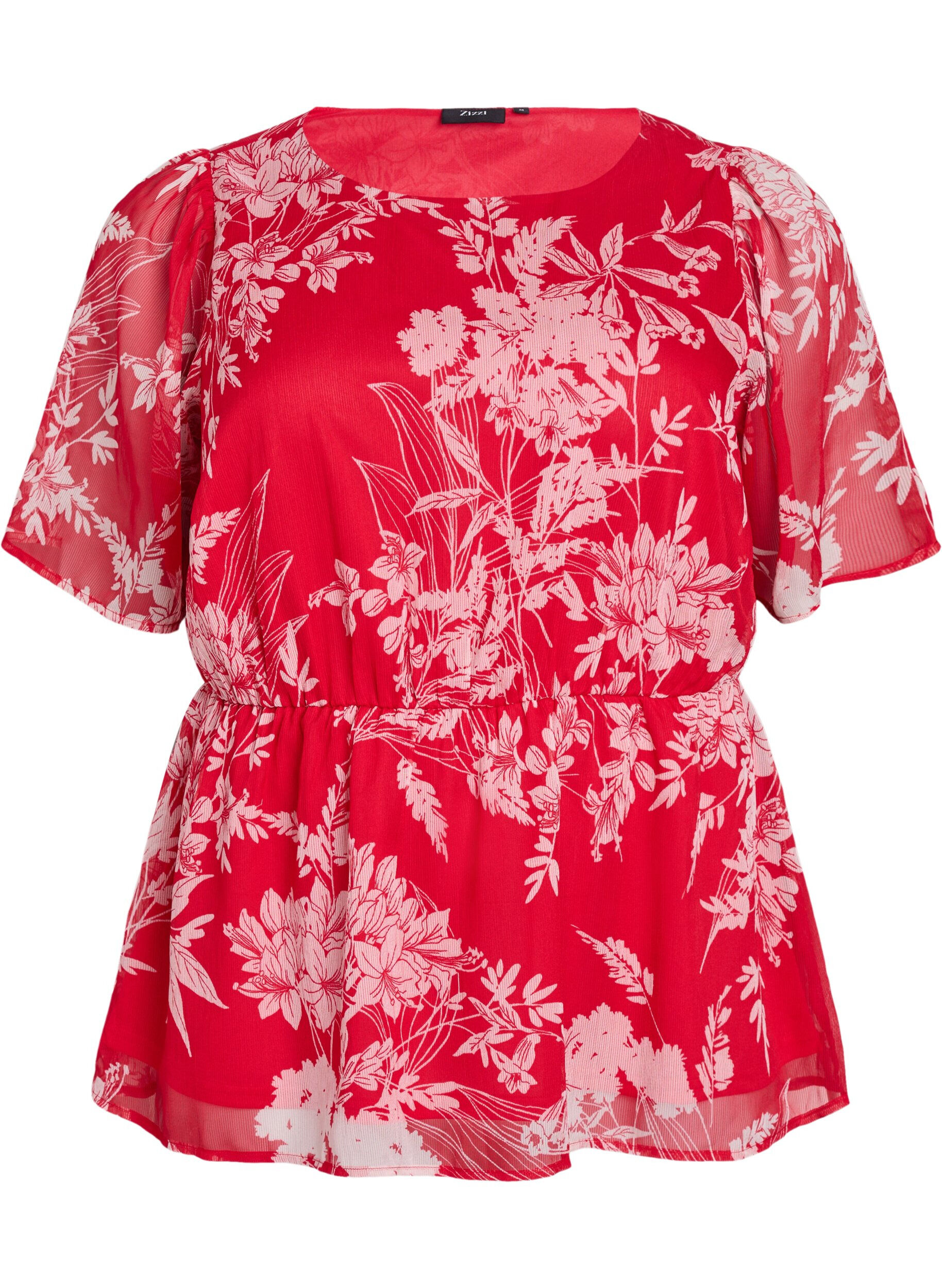 Zizzi Chemisier en mousseline floral avec taille &eacute;lastique, Rouge, Packshot image number 0