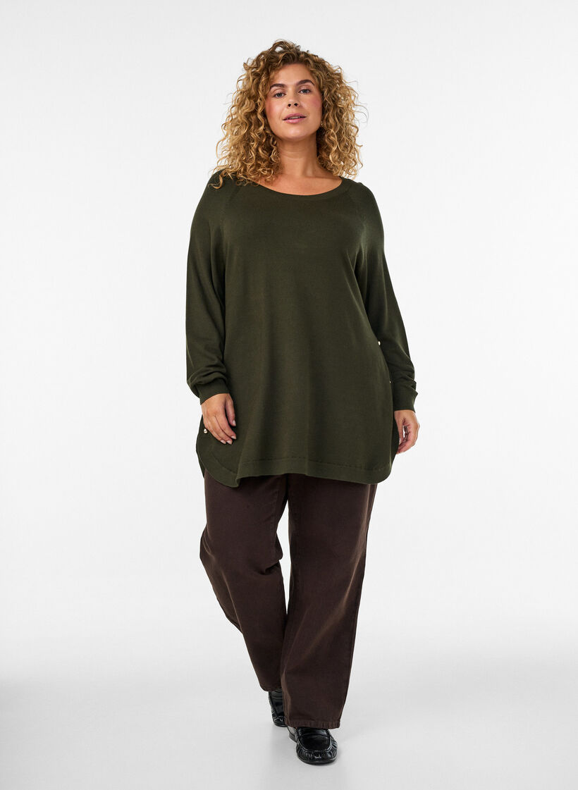 Blouse en maille avec boutons sur le c&ocirc;t&eacute;, Vert fonc&eacute;, Model image number 1
