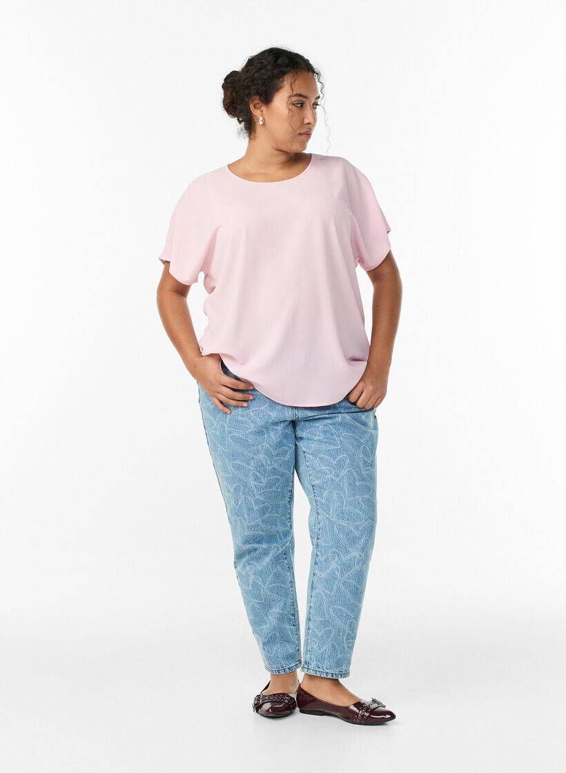Blouse &agrave; manches courtes et encolure ronde, Rose, Model image number 1