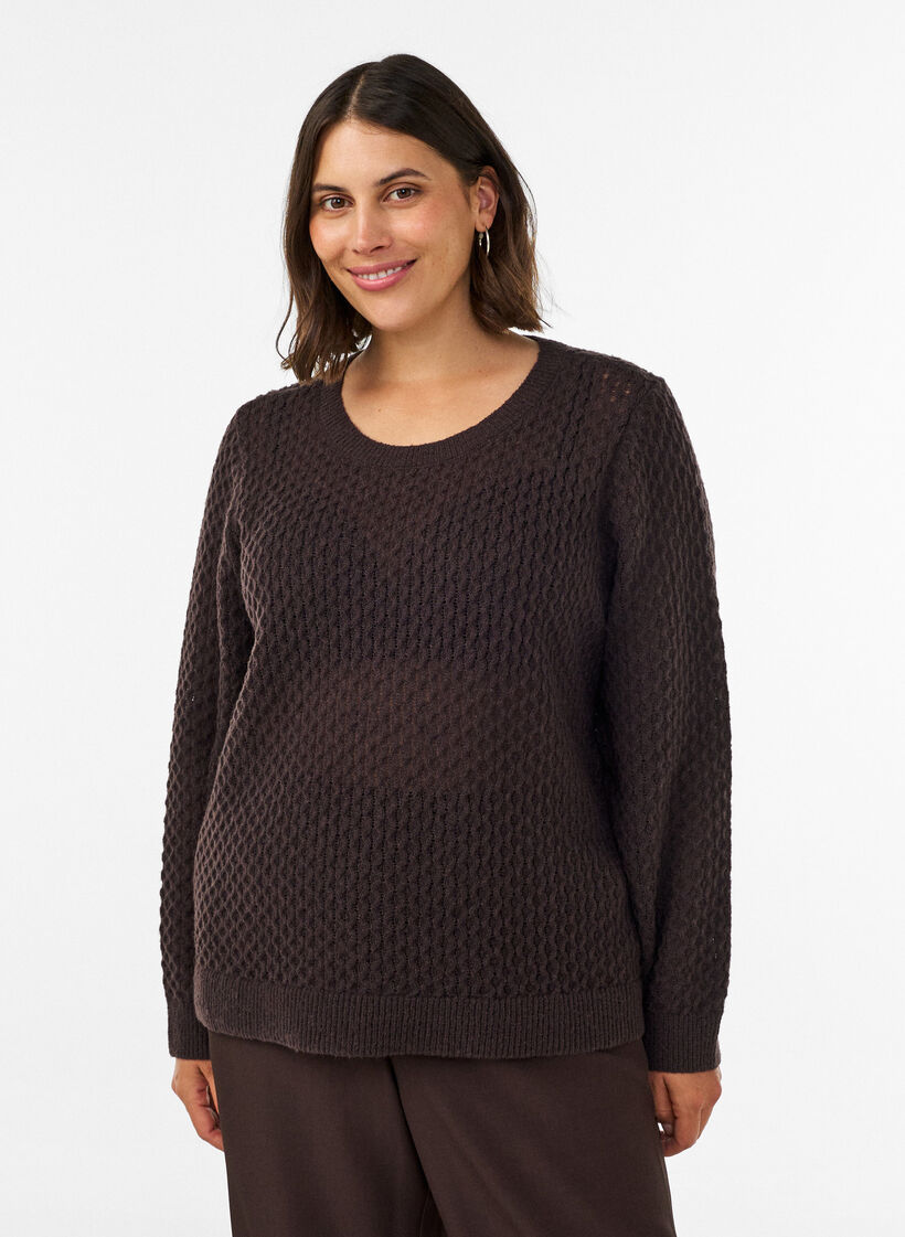 Blouse en maille avec motif ajour&eacute; textur&eacute;, Marron, Model image number 0