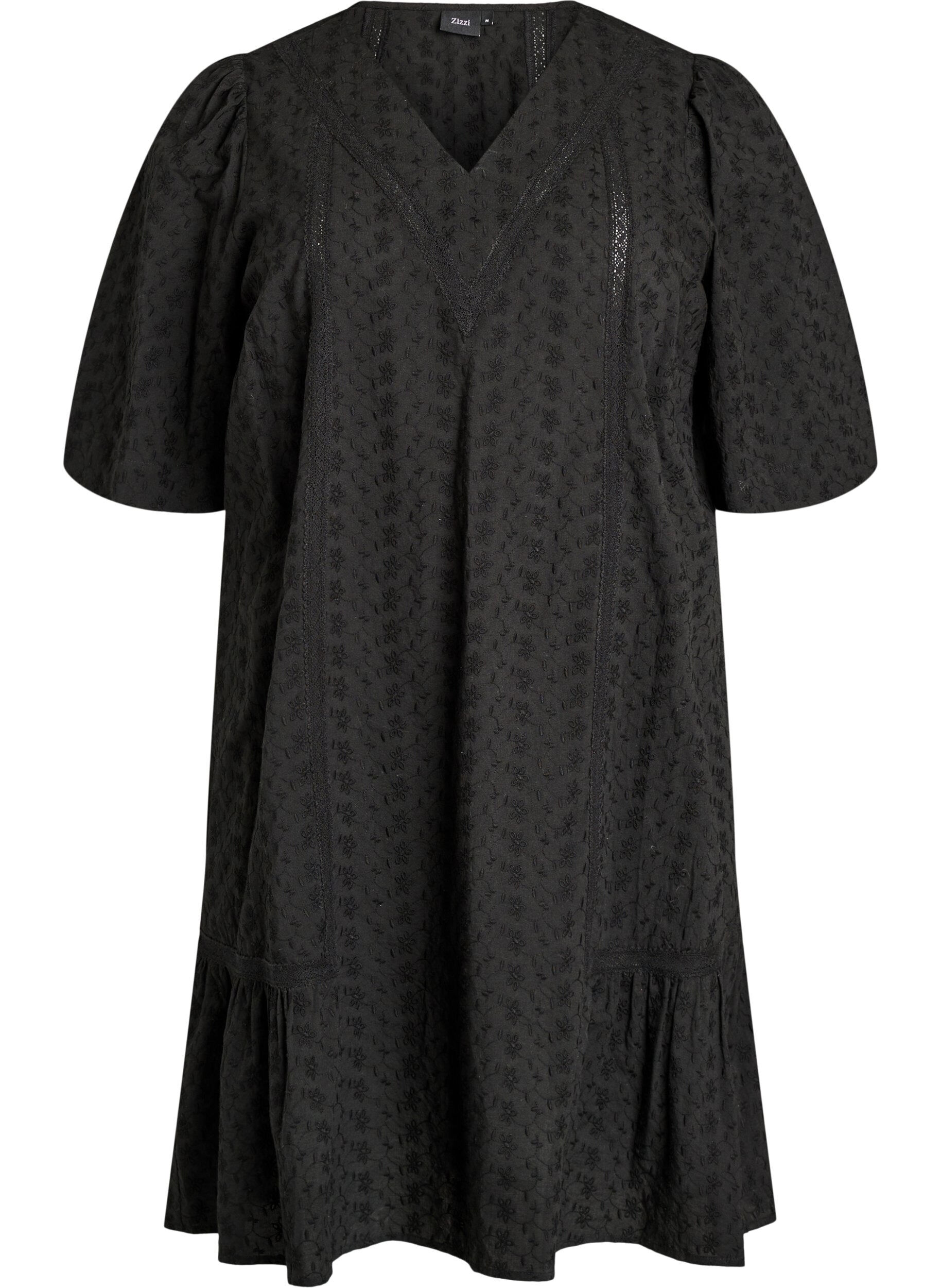 Zizzi Robe mi-longue en coton avec broderie et col en V, Noir, Packshot image number 0
