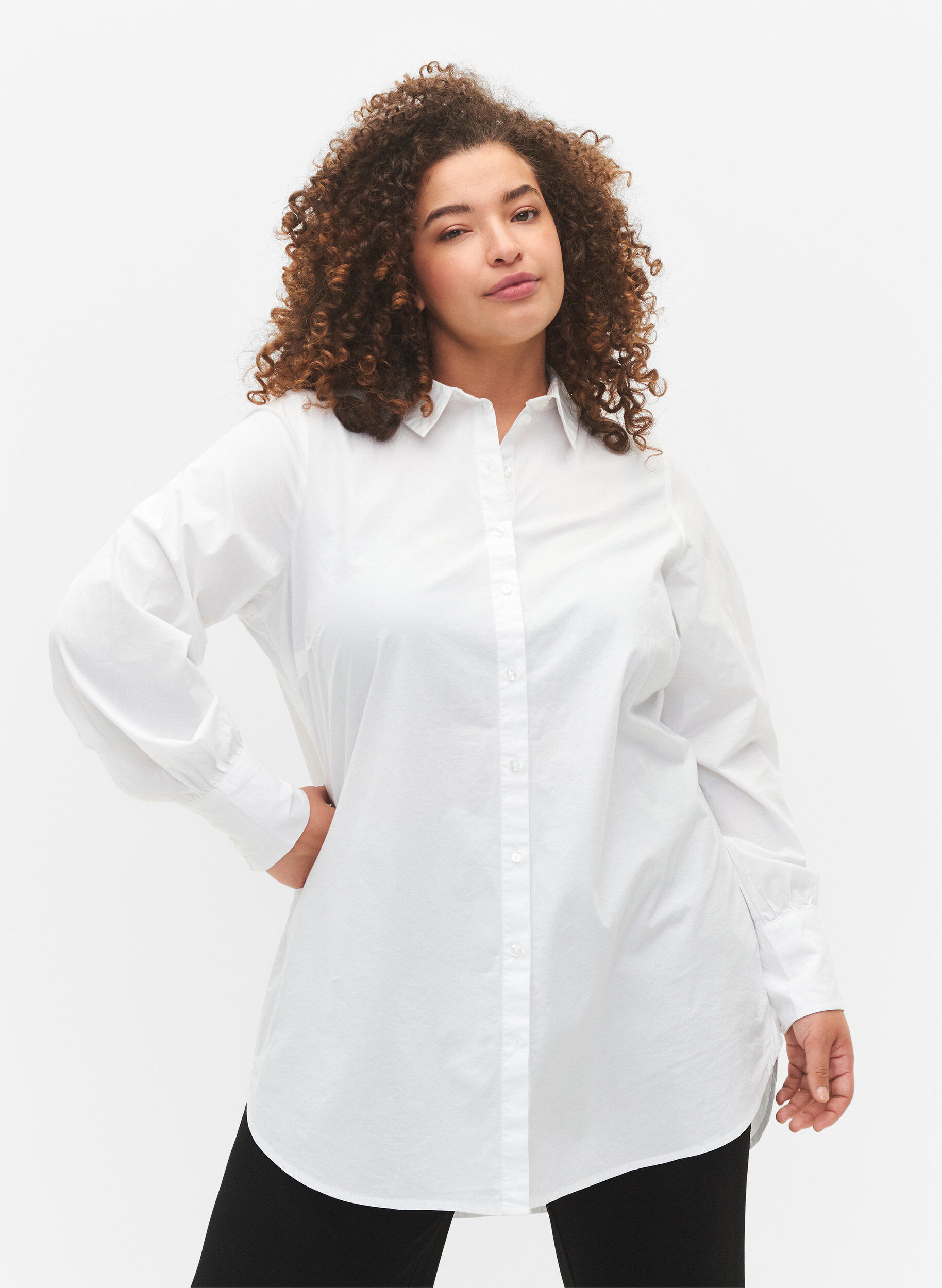 Zizzi Chemise en coton longue, Bright White, Model image number 0
