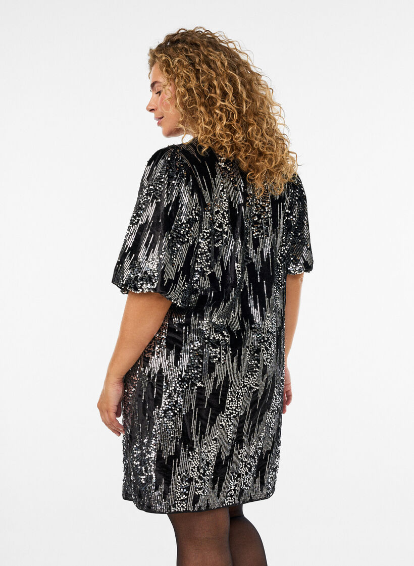 Robe courte en sequins avec des manches ballon, Noir, Model image number 1