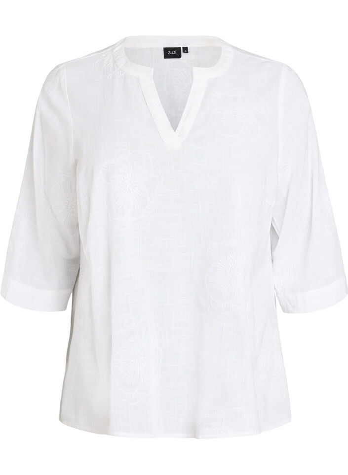 Blouse en coton avec d&eacute;tails brod&eacute;s et manches 3/4, Blanc, Packshot image number 0