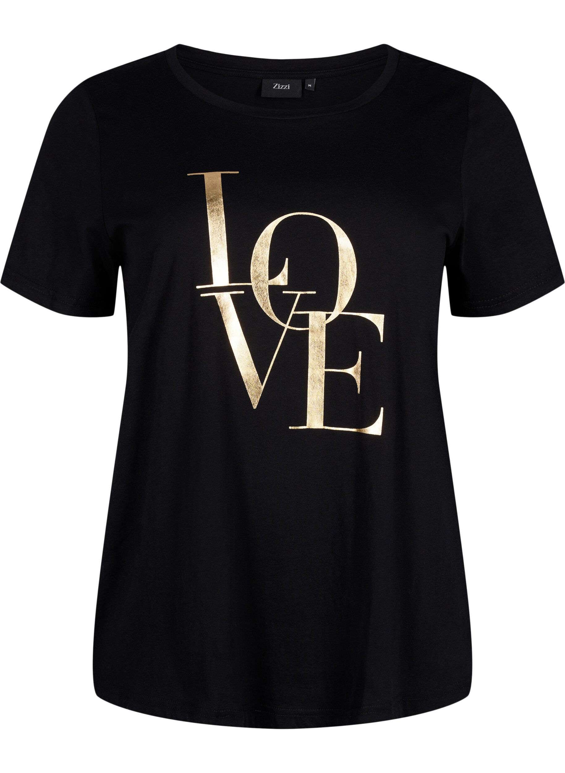 Zizzi T-shirt en coton avec texte dor&eacute;, Black w. Gold Love, Packshot image number 0