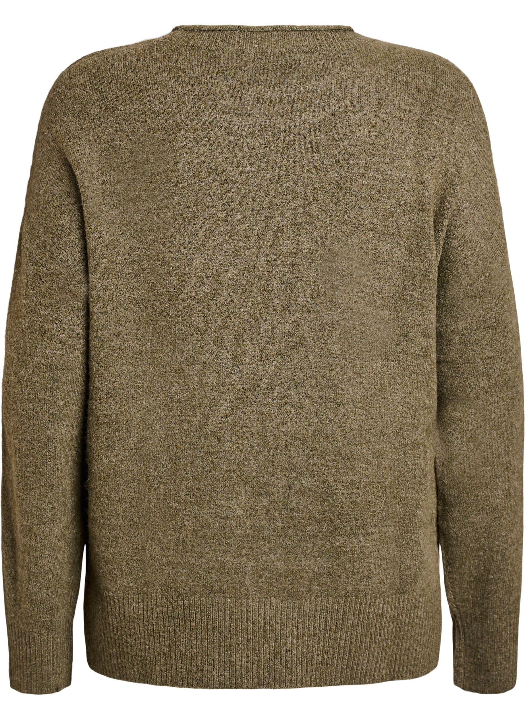 Zizzi Blouse en maille avec motif c&ocirc;tel&eacute; en V et fentes, Vert Kaki, Packshot image number 1