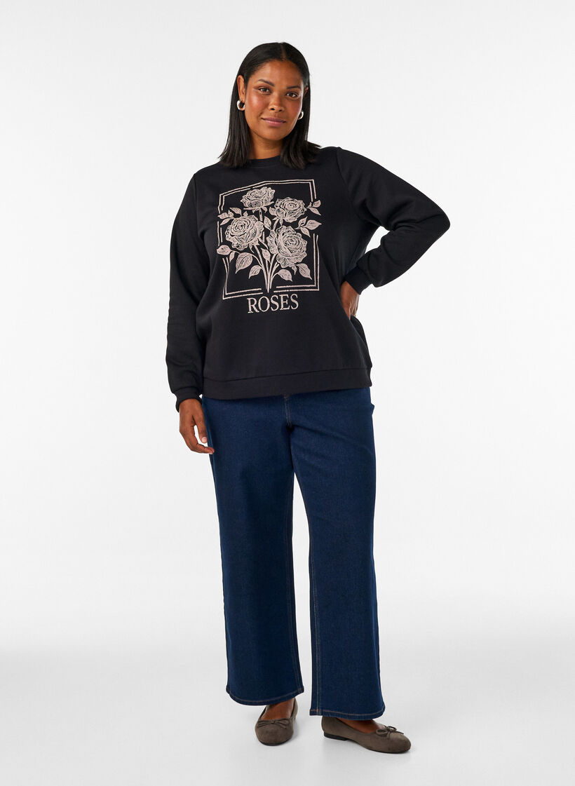 Sweatshirt avec imprim&eacute; roses et strass, Noir, Model image number 1